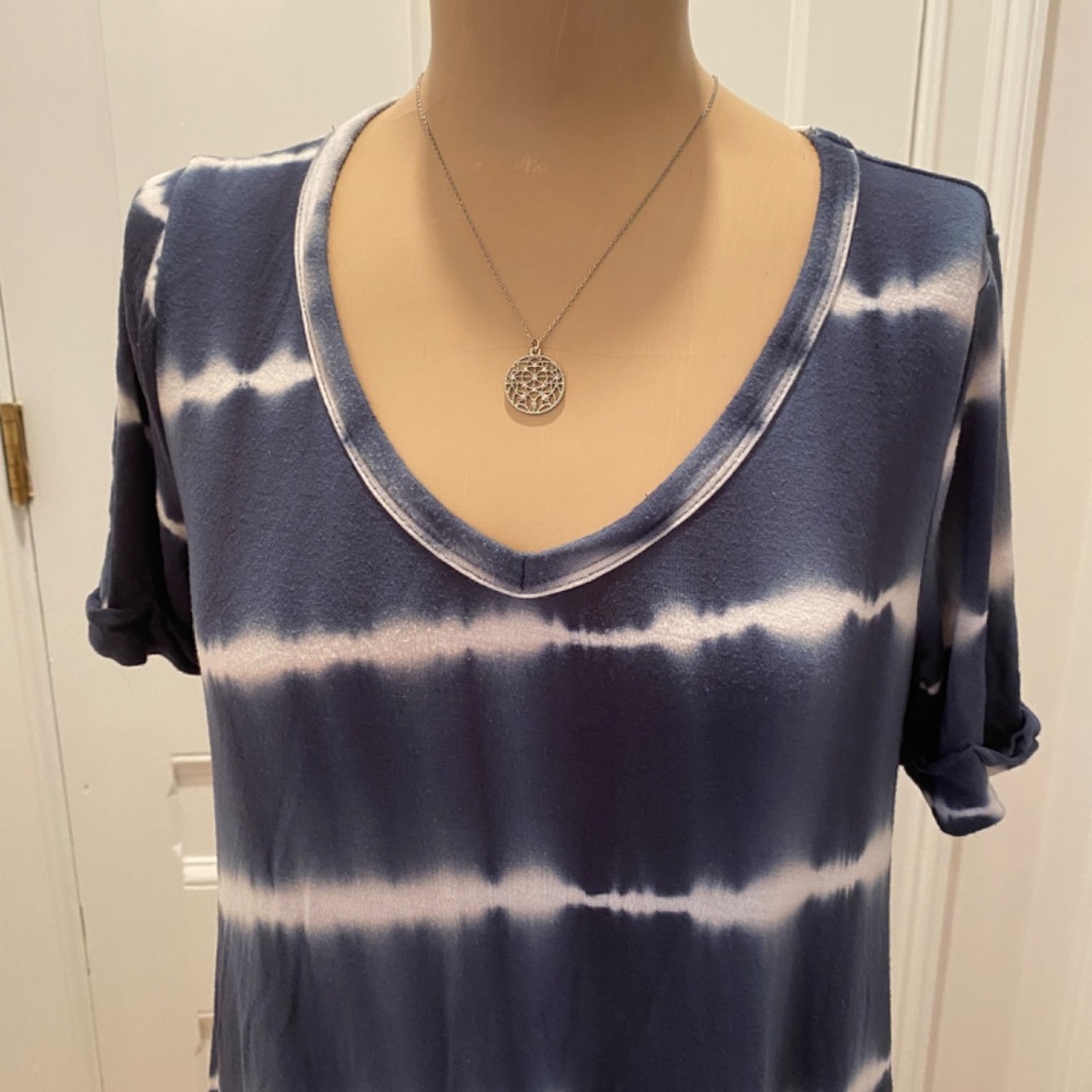 Miracle Berry Navy White Tie Dye Maxi Dress V Neck Short Sleeve Casual Flowy - Picture 2 of 13